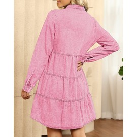 LookbookStore Denim Dress Women's Jean Dresses for Women Summer Long Sleeve Short Dress for Women Wedding Guest Dresses for Women Fall Aurora Pink Size Large Size 12 14