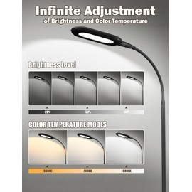 LED Floor Lamp, CRI 95+ Bright Floor Lamps for Bedroom with 4 Hours Auto Off, Stepless Dimming & 3000K-6000K Colors Standing Lamp for Living Room with 360° Gooseneck Reading Lamp for Office Black