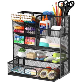 ReePlan Pen Organizer for Desk - Multi-Functional Pencil Holder with Drawer Desk Organizers, Large Capacity Storage for School Office Home Supplies (Black)