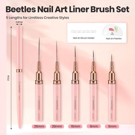 Beetles Gel Polish Nail Art Pens, 5pcs Liner Brushes for Nails Pink Nail Art Brushes Liner Sizes 5/9/15/20/25mm with Palette Holder Painting Manicure Design Tools for Long Lines, Details, Fine Drawing