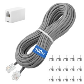 Uvital Phone Extension Cord 100 FT, Long Telephone Extension Cable Wire Cord with RJ11 Plug and 1 in-line Coupler and 60pcs Nail-in Cable Clips, Grey