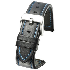 Genuine Waterproof Leather Watch Band with Quick Release Spring Bars - Black Leather Watch Strap 20mm (Blue Stitching)