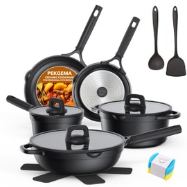 PekGema Nonstick Pots and Pans Set, Non Stick Cookware Set 14 Pcs, Induction Cooking Set with Pour Spouts and Oven Safe for Casserole, PFOA FREE, Classic Black