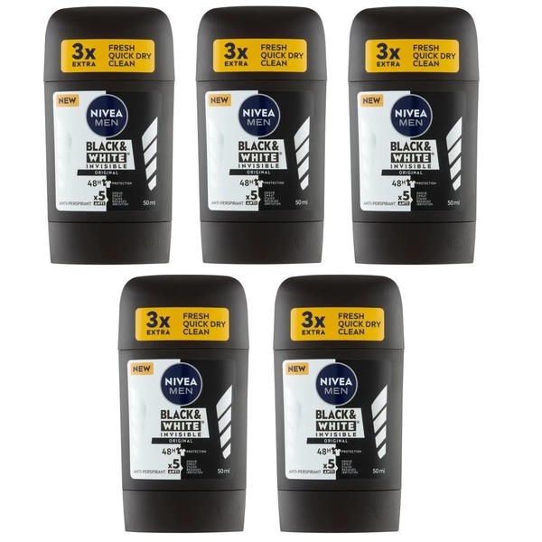 5x Nivea Invisible Black & White Anti-perspirant Deodorant Solid Stick for Men 5x50ml (Pack of 5)
