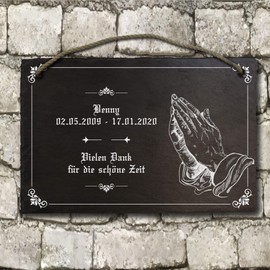 elbedruck Slate Plaque Praying Hands Grave Plate Memorial Stone Gravestone Approx. 21 x 29 cm Engraved with the Hands of Dürer, Desired Text and Name, Also Possible as Bell Sign Door Sign (with Cord)