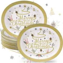 50 PCS Merry Christmas Oval Paper Plates Happy Holiday Disposable Paper Plates 10'' x 12'' Dinner Plates Gold Christmas Tree Dessert Plates for Winter Holiday Picnic Dinner Birthday Party Supplies