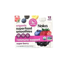 Noka Organic Superfood Fruit Smoothie Pouches Super Berry, Healthy Snacks with Flax Seed, Plant Protein, Vegan and Gluten Free Nop Added Sugar Vegan Dairy Free Kosher (12 Count)