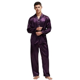 Tony & Candice Men's Classic Satin Pajama Set Sleepwear (Purple with Black Piping, X-Large)