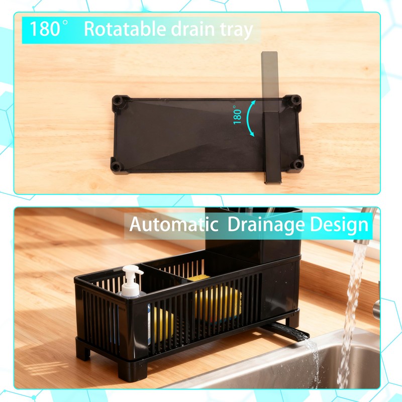 ZHABAYEN Sink Organizer, Black Sponge Holder with Scrub Brush Holder,