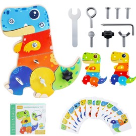 Qingning Wooden Dino Montessori Toy, Dinosaur Montessori Toy, Wooden Toy Screwdriver with Puzzles Card, Wooden Screw Board, Children's Learning Toy, Motor Skills Toy for Children from 3 4 5 6