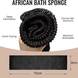 2pcs African Net Sponge, Set for Total Body Exfoliation, 100% Nylon African Net Sponge with Knots for Deep Cleansing and Spa Like Experience, Black and Orange Bath Scrubs for Men and Women (30x75cm)