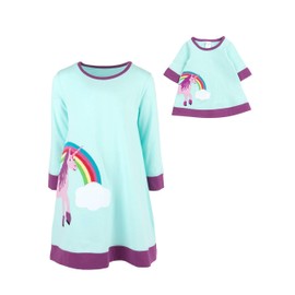 Leveret Matching Girls & Doll Cotton Dress Aqua Unicorn 8 Year