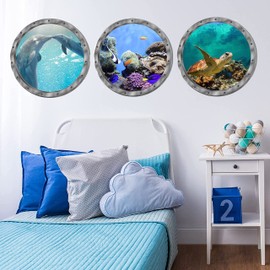 akindou 3D Wall Stickers Dolphins Sea Turtle Tropical Fish Wallpaper Set of 3 Pieces Approx 29cm