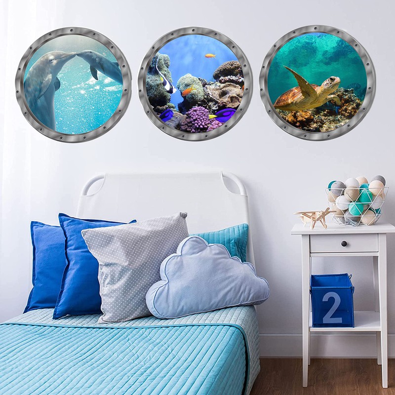 akindou 3D Wall Stickers Dolphins Sea Turtle Tropical Fish Wallpaper