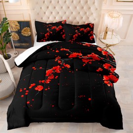 Suncloris Red Cherry Blossom Comforter Set for Teens Adults, Queen Size Ultra-Soft Microfiber Contemporary Bedroom Quilted Duvet with 2 Nature Plant Pillowcases-90 x90 (Red, Queen)