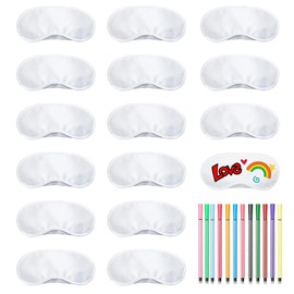 16 Pcs White Eye Mask Bulk Party Supplies with 12 Fabric Marker Pens, Sleepover Party Supplies for Girls, White Eye Masks, DIY Sleep Mask Set for Travel Game Sleepover Party Supply