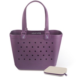 Velvet Wing Large Rubber Beach Tote Bag – Waterproof Rubber Tote Bag with Holes for Sand-Free Beach Days, Pool & Travel & Groceries - Includes Silicone Pouch, Non Twist Handles (Italian Plum)