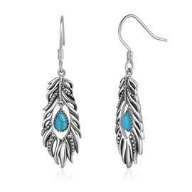925 Sterling Silver Feathers Dangle Earrings - Turquoise Jewelry for Women BOho Vintage Earrings Western Jewelry Gifts