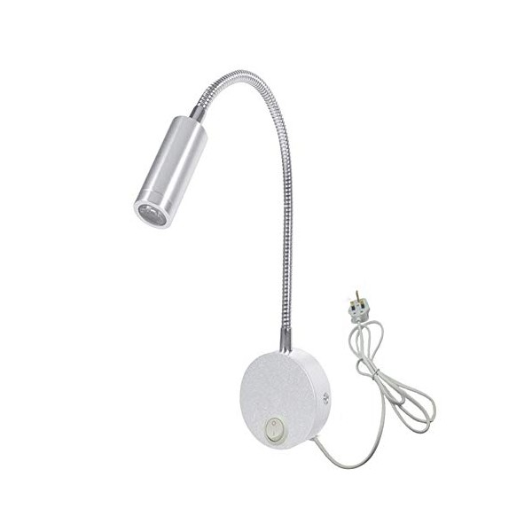 WeFoonLo 3W Wall Mounted Reading Light Flexible Gooseneck LED Sconce Lamp with Plug & Switch for Bedroom, Office, Workbench, Studio (3W Silver-Cool White)