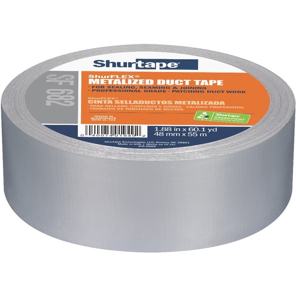 Shurtape SF 682 ShurFLEX Non-Printed Metalized Cloth Duct Tape, 48mm x 55m, Silver, 1 Roll (146956)