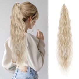 Flufymooz Ponytail Extension, Flexible Wrap Around Ponytail Extension Long Wavy Curly Ponytail Hair Extensions Natural pony tail Synthetic Hairpiece for Women 32 Inch (Dark Blonde to Light Blonde)