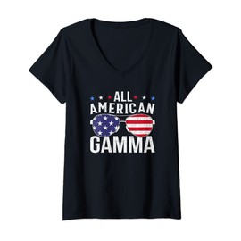 Womens All American Gamma USA Flag Sunglasses 4th Of July Gamma V-Neck T-Shirt