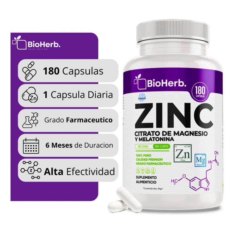 Bioherb Zinc Y Magnesio + Melatonina 180 Cápsulas 500mg Cu