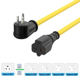 10-Ft 12AWG 90-Degree 15 Amp Household Plug to 20-Amp Extension-Cable,Nema 5-15P to 5-20R,5-15P to 6-15R/20R T Blade 20Amp to 15Amp Right-Angle Heavy Duty Extension-Cord,125V 15A to 20A AC Power Cord