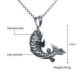 PAMTIER Unisex Vintage Lucky Sign Chinese Koi Carp Cyprinoid Fish Amulet Pendant Necklace Asian Art Animal Charm Silver with Chain