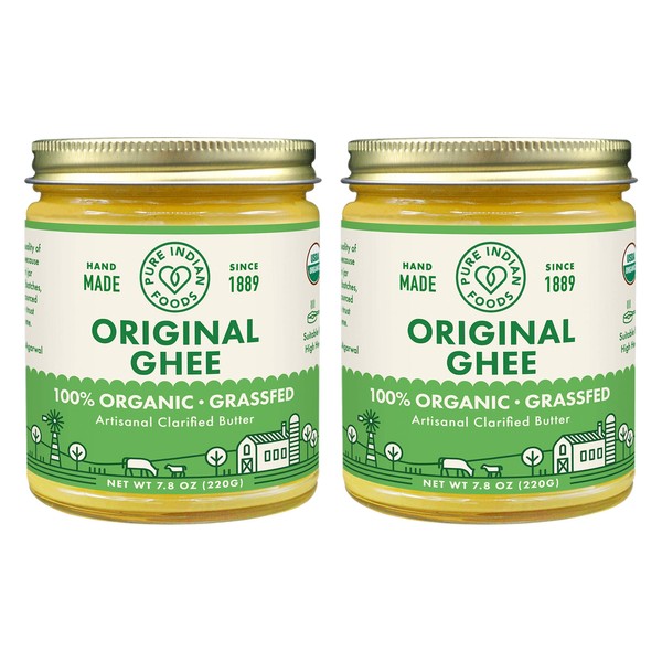 Grassfed Organic Original Ghee - by Pure Indian Foods, 7.8 oz, Pasture Raised, Gluten-Free, Non-GMO, Paleo, Keto-Friendly (Pack of 2)