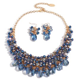 Bocar Crystal Necklace Set for Women Multi Layered Chunky Collar Statement Jewelry with Matching Earrings for Women Gift(NK-10817-Navy Blue-Set)