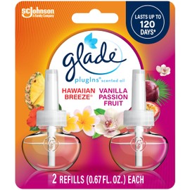 Glade PlugIns Refills Air Freshener, Scented and Essential Oils for Home and Bathroom, Hawaiian Breeze & Vanilla Passion Fruit, 1.34 Fl Oz, 2 Count