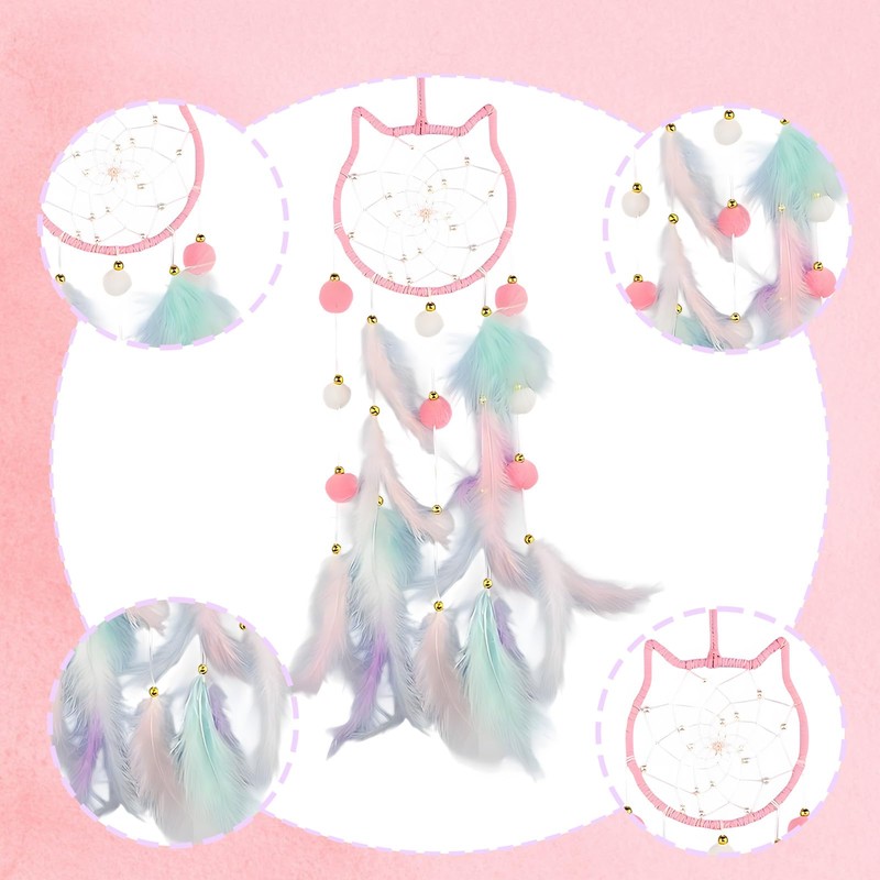 Dream Catcher for Girls, Pink Cat Dreamcatcher with Feathers, Cat