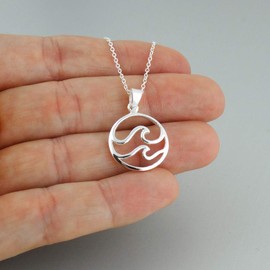 FashionJunkie4Life Sterling Silver Two Ocean Waves in Circle Pendant Necklace, 18" Chain