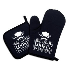 Mr.Good Looking is Cooking,Funny Oven Mitts and Pot Holders Sets of 2,Silicone Non-Slip Oven Mitts,Kitchen Gift for Men,Cooking Baking BBQ Gifts,Housewarming Gifts