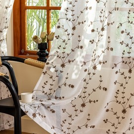 AmHoo 2 Panels Leaf Flora Embroidered Farmhouse Semi Sheer Curtain Voile Curtains for Living Room Bedroom Window Treatment White Brown 53 x 84 Inch