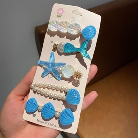 Decorative Hair Clips with Beads, Pearls, and Starfish Accents, Set of 5, Assorted Colors (blue)