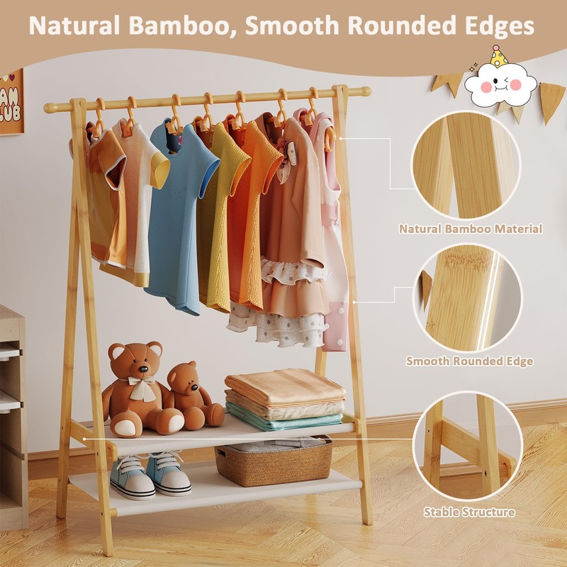 Aetherika Kids Clothing Rack with 2 Fabric Shelves, Foldable Child
