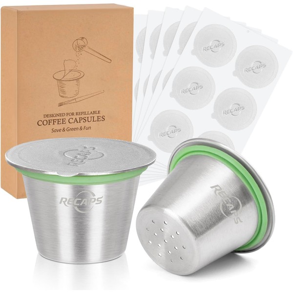 Espresso Capsules Refillable Coffee Pod Stainless Steel Cups Compatible with Nespresso OriginalLine (2 Pods+120 Lids)