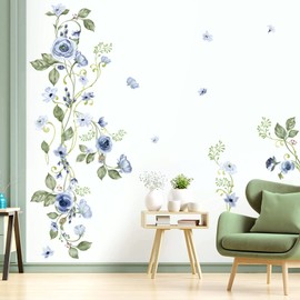 decalmile Wall Tattoo Hanging Flower Roses Blue Wall Sticker Vine Leaves Watercolour Wall Sticker Girls Bedroom Sofa Background Wall Decoration