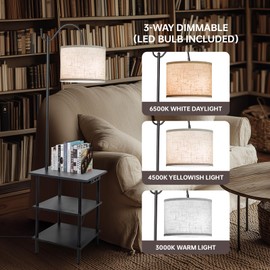 EOEYYOYB Floor Lamp with 3-Tier Shelves, End Table Lamp with USB Charging Port Power Outlet, Side Table Reading Light with 3 Color Temperature Led Bulb Included, Floor Lamps for Living Room, Black