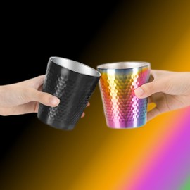 TIICOO Stainless Steel Cups 2 Packs 10oz/300ml Stackable Double Wall Insulated Metal Shatterproof Cups Titanium-Plated Diamond Textured Surface Heat Resistant Dishwasher Safe (Black&Gradient)