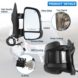 Paderson Right Passenger Side Short Arm Mirror Assembly Fits 2014 to 2024 Ram Promaster 1500/2500/3500 Cargo Van W/Power Glass Heated Temperature Sensor Turn Signal （8+2 pins）Replace CH1320376