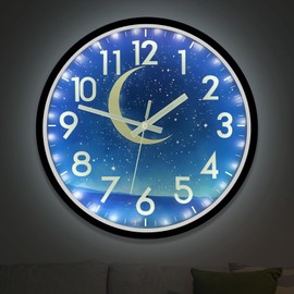 JoFomp Glow in The Dark Wall Clocks Battery Operated, 12 Inch Blue Moon Silent Wall Clock Non Ticking, LED Sound Control Light Up Wall Clock for Bedroom, Night Light Wall Clocks for Living Room Decor