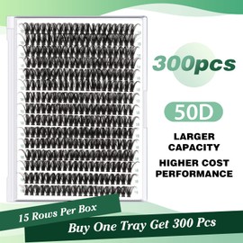 Lash Clusters 300pcs Individual Lashes 50D 0.07D Curl 18mm DIY Eyelash Extension KEYYOU Large Tray Volume Soft&Natural Cluster Lashes(50D-0.07D,18）