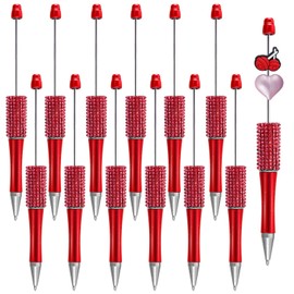 12 Pcs Rhinestones Beadable Pens Plastic Black Ink Beadable Pens for Gift Making Kits Children Students Office School DIY Supplies (Red)