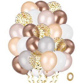 Pack of 60 Beige White Balloons Golden Confetti Apricot Cream White Nude Gold Balloons Wedding Set with 1 Roll Golden Ribbon for Wedding, Baby Shower, Graduation Party