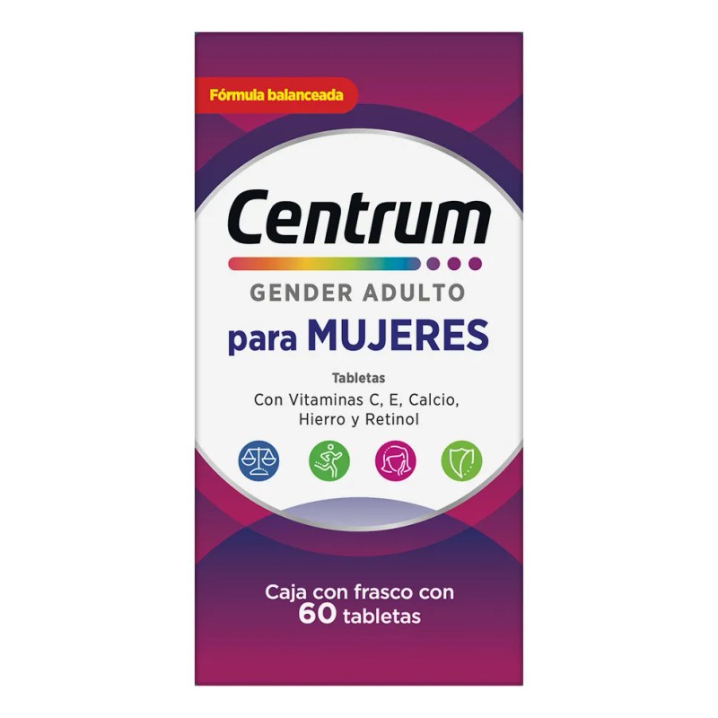 Frasco Multivitamínico Centrum Mujer Vitamina Calcio Hierro Retinol Tabletas Sabor