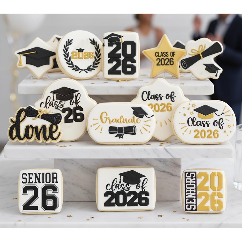 Class of 2026 Graduation Cookie Stencils, 4X4In12Pcs Style-Congrat GRAD/Mortarboard/Diploma/Done/You Did