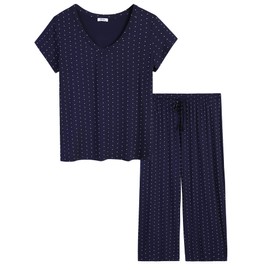 Amorbella Womens Summer Cooling Short Sleeve Bamboo Capri Pyjamas/PJs Moisture Wicking Nightwear (Navy Polka Dot, M)